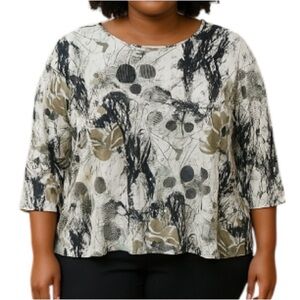 TanJay Abstract Print Relaxed Top Black White Taupe Long Sleeve Top Stretch 2X